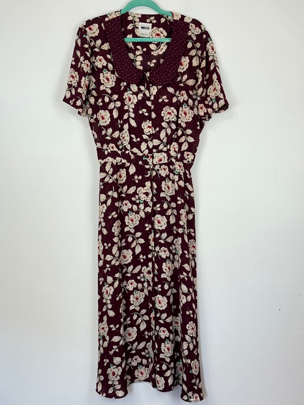 Leslie Fay Vintage 1990s Semi Sheer Floral Button Down Dress 12 Retro